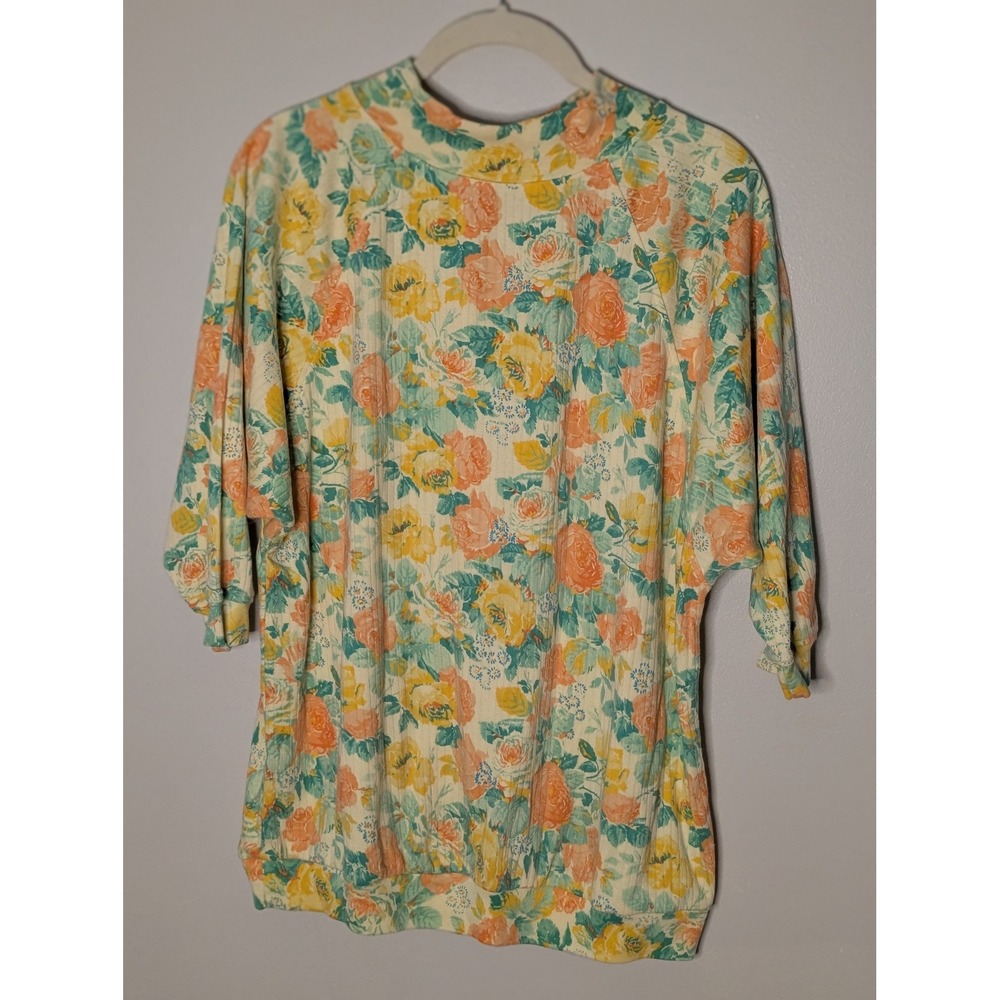 Vintage Floral Ribbed Knit Short Sleeve Sweatshirt Orange Yellow Teal Crewneck